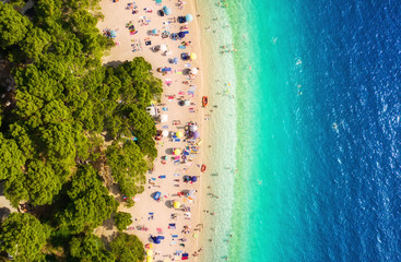 Croatia. Aerial view on the beach. Vacation and adventure. Beach and turquoise water. Top view from drone at beach and azure sea. Travel and relax - image
