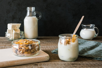 Dairy cuisine. Fresh yogurt with muesli and milk for breakfast