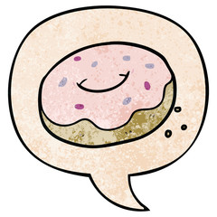 cartoon donut and sprinkles and speech bubble in retro texture style