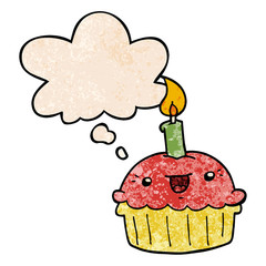 cartoon cupcake with candle and thought bubble in grunge texture pattern style