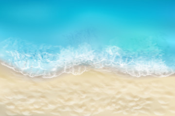 View from the top of the sandy beach. Waves on the seashore. Summer day. Vector illustration.