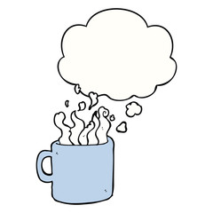 cartoon hot cup of coffee and thought bubble