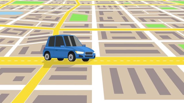 Cartoon Blue Auto Car Ride Through the City Map navigation with Car Repair Shop Sign Animation
