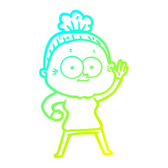 cold gradient line drawing cartoon happy old woman