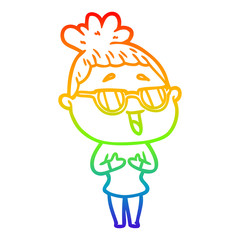 rainbow gradient line drawing cartoon happy woman wearing spectacles