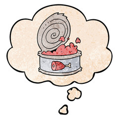 cartoon canned food and thought bubble in grunge texture pattern style