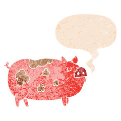 cartoon pig and speech bubble in retro textured style