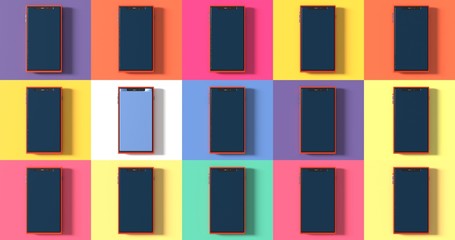 Pop Art poster with many phones, edit screen on mobile, colorful 3d render illustration