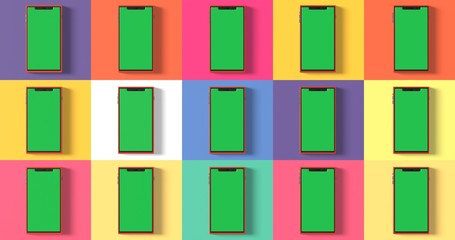 Pop Art poster with many phones, edit screen on mobile, colorful 3d render illustration