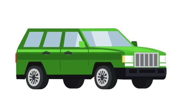 Flat cartoon isolated green off road vehicle car animation side view