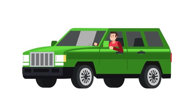 Flat cartoon isolated green off road vehicle car  with man character animation side view