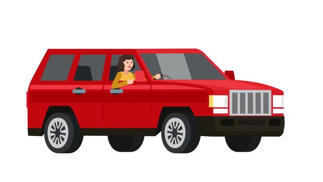Flat cartoon isolated red off road vehicle car  with girl character animation side view