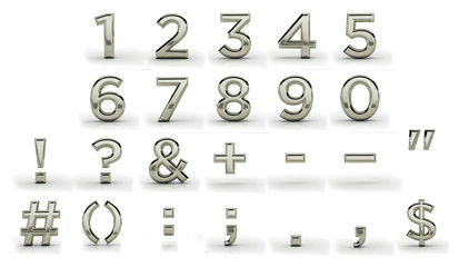 3d melal font, punctuation marks. Silver, iron, plainum, aluminium.  Latin, english alphabet. Render, metal texture, on white background.