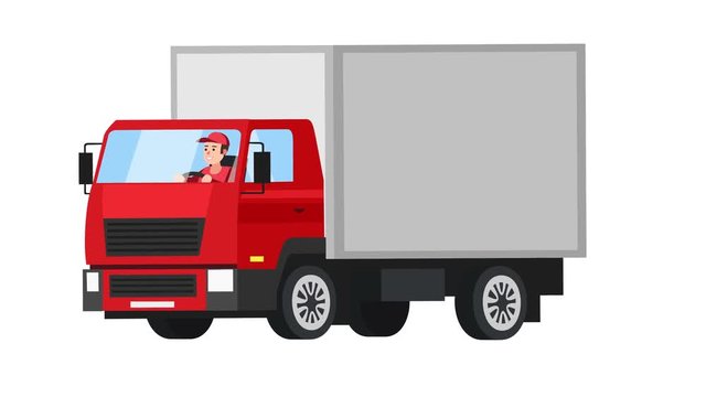 Cartoon flat isolated red truck car animation with man character driver
