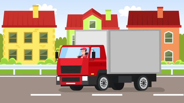 Cartoon flat red truck car with man character driver animation driving  rides around town side view