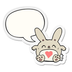 cute cartoon rabbit and love heart and speech bubble sticker