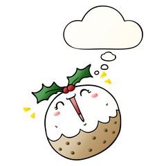 cute cartoon christmas pudding and thought bubble in smooth gradient style