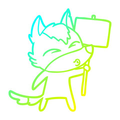 cold gradient line drawing cartoon wolf with protest sign
