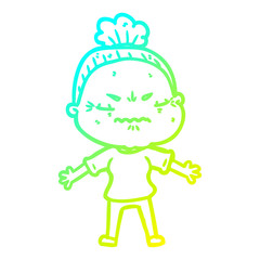 cold gradient line drawing cartoon annoyed old lady