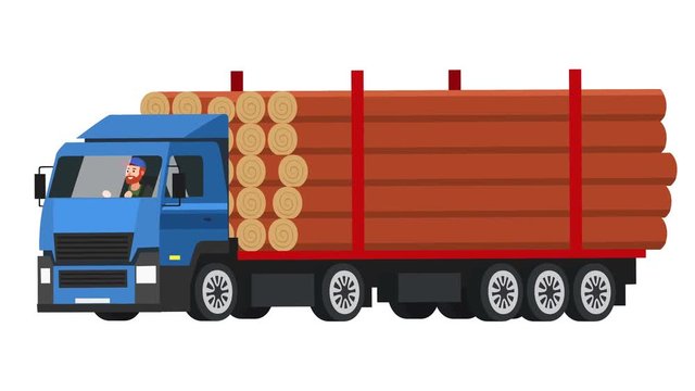Flat cartoon truck with trailer for wood transportation forest industry with trucker driver man character