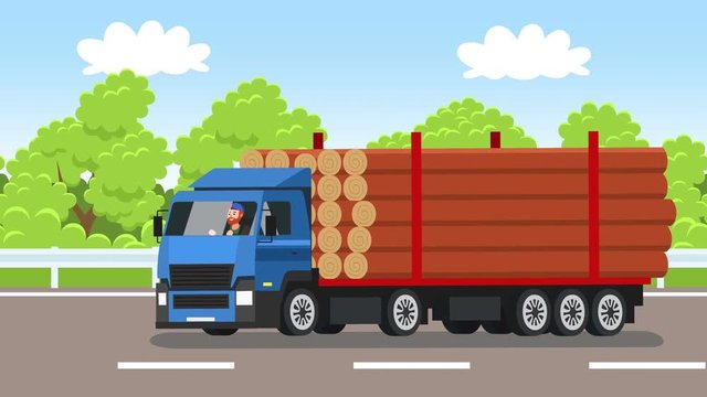Flat cartoon truck with trailer for wood transportation with trucker driver man character driving along the road highway