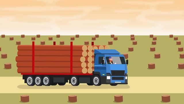 Deforestation cartoon animation flat truck with trailer for wood transportation with trucker driver man character