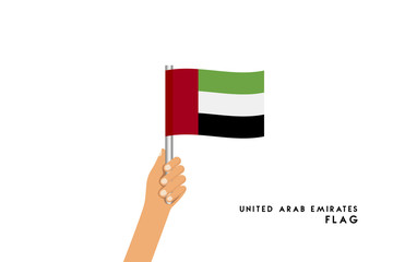 Vector cartoon illustration of human hands hold United Arab Emirates  flag. Isolated object on white background.
