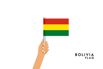 Vector cartoon illustration of human hands hold Bolivia flag. Isolated object on white background.