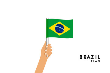 Vector cartoon illustration of human hands hold Brazil flag. Isolated object on white background.