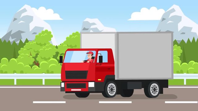 Flat cartoon delivery truck with cargo with trucker driver man character drive along alpine forest road