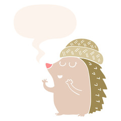 cartoon hedgehog wearing hat and speech bubble in retro style