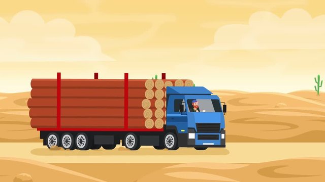 Flat cartoon truck with trailer for wood transportation with trucker driver man character drive along desert