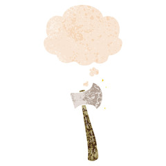 cartoon axe and thought bubble in retro textured style
