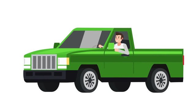 Flat cartoon isolated green vehicle pickup truck car with man character animation