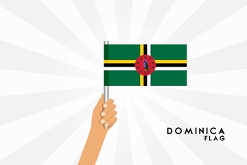 Vector cartoon illustration of human hands hold Dominica flag. Isolated object on white background.