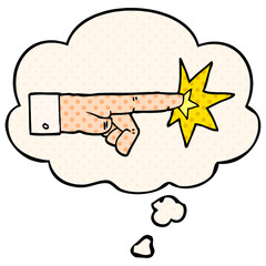 cartoon pointing hand and thought bubble in comic book style