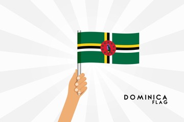 Vector cartoon illustration of human hands hold Dominica flag. Isolated object on white background.