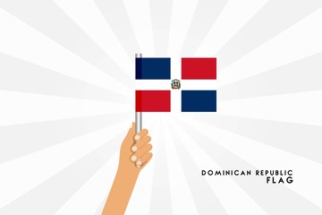 Vector cartoon illustration of human hands hold Dominican Republic flag. Isolated object on white background.