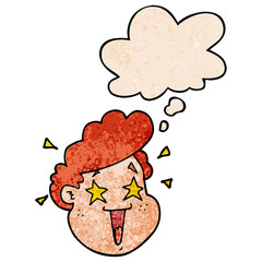 cartoon happy face and thought bubble in grunge texture pattern style