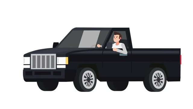 Flat cartoon isolated black vehicle pickup truck car with man character animation