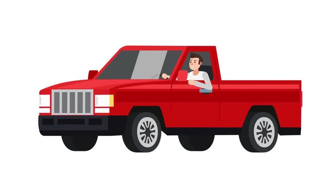 Flat cartoon isolated red vehicle pickup truck car with man character animation