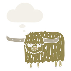 cartoon hairy cow and thought bubble in retro style