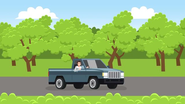 Flat cartoon isolated vehicle pickup truck car with man character drive