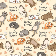 Set of cute kitten isolated on pastel background : Seamless Pattern : Vector Illustration