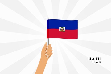 Vector cartoon illustration of human hands hold Haiti flag. Isolated object on white background.