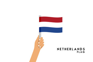 Vector cartoon illustration of human hands hold Netherlands flag. Isolated object on white background.