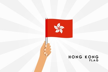 Vector cartoon illustration of human hands hold Hong Kong flag. Isolated object on white background.