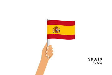 Vector cartoon illustration of human hands hold Spain flag. Isolated object on white background.