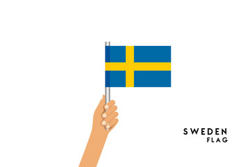 Vector cartoon illustration of human hands hold Sweden flag. Isolated object on white background.