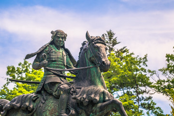 Fototapeta na wymiar Takayama - May 26, 2019: Statue of a feudal lord in Takayama, Japan
